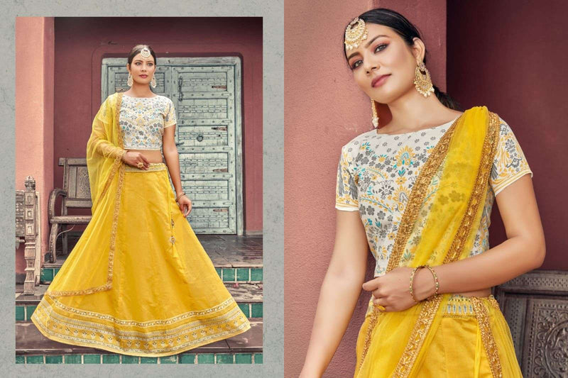 Tips & Tops Lehenga Chanderi Silk Fancy Festive Wear Crop Top With Flaired Skirt  & Dupatta