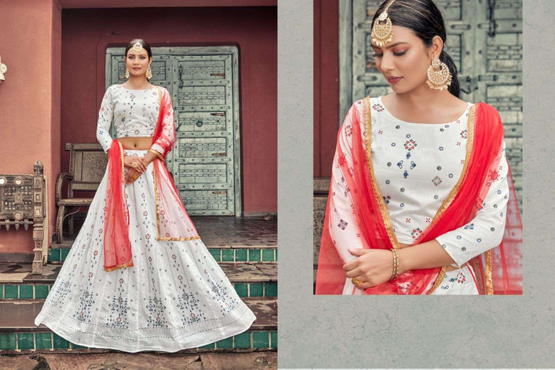 Tips & Tops Lehenga Chanderi Silk Fancy Festive Wear Crop Top With Flaired Skirt  & Dupatta