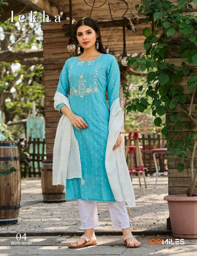 100 Miles Lekha Cotton Fancy Embroidered Party Wear Kurtis With Pant Style Bottom & Dupatta
