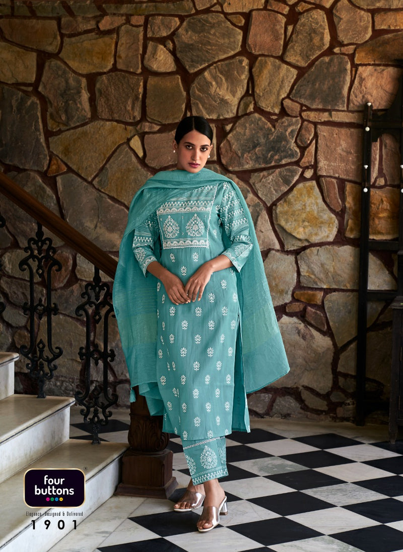 Four Buttons Lemon Vol 5 Modal Chanderi Silk Fancy Party Wear Kurtis With Bottom & Dupatta