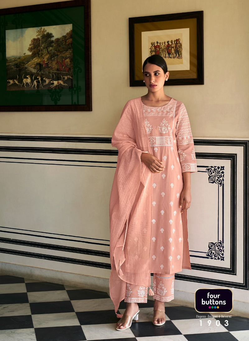 Four Buttons Lemon Vol 5 Modal Chanderi Silk Fancy Party Wear Kurtis With Bottom & Dupatta