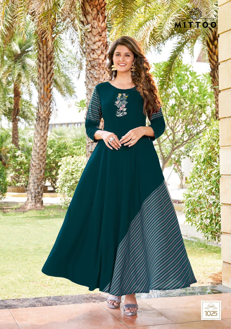 Mittoo Leriya Vol 5 Rayon With Heavy Embroidery Work Stylish Designer Party Wear Long Kurti