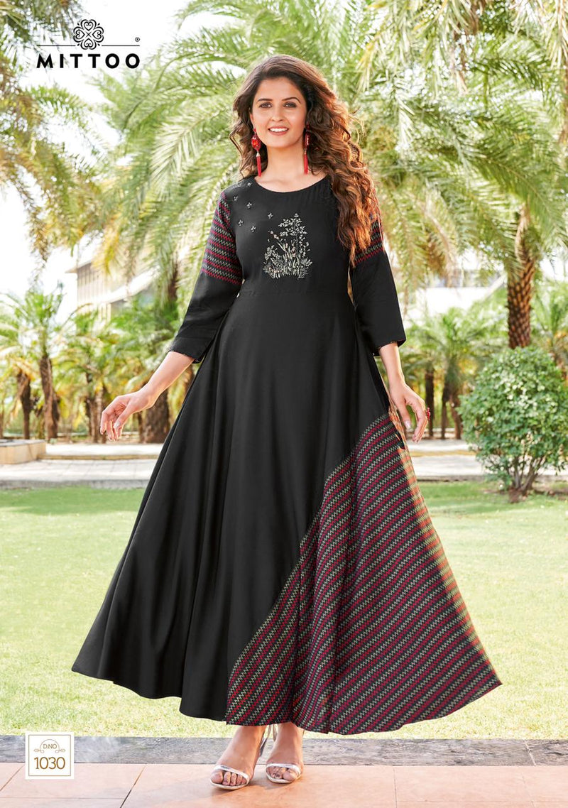 Mittoo Leriya Vol 5 Rayon With Heavy Embroidery Work Stylish Designer Party Wear Long Kurti