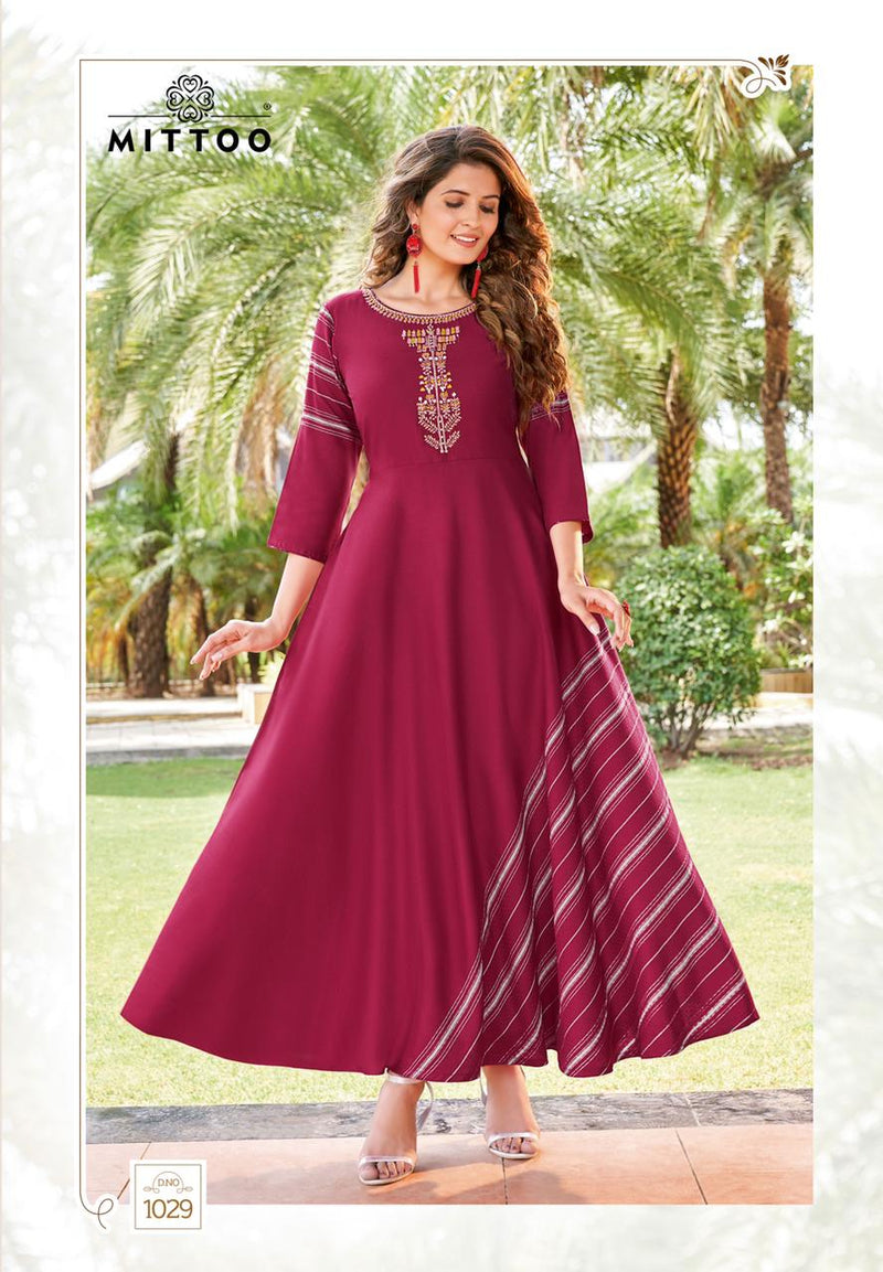 Mittoo Leriya Vol 5 Rayon With Heavy Embroidery Work Stylish Designer Party Wear Long Kurti