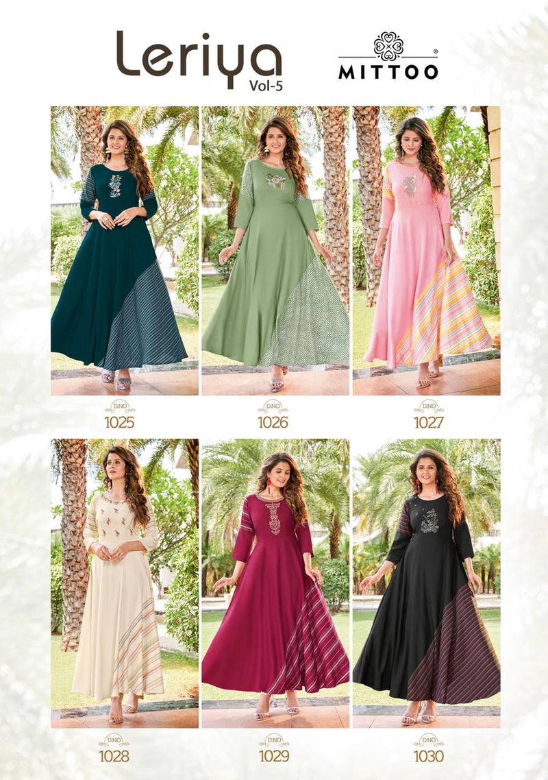 Mittoo Leriya Vol 5 Rayon With Heavy Embroidery Work Stylish Designer Party Wear Long Kurti