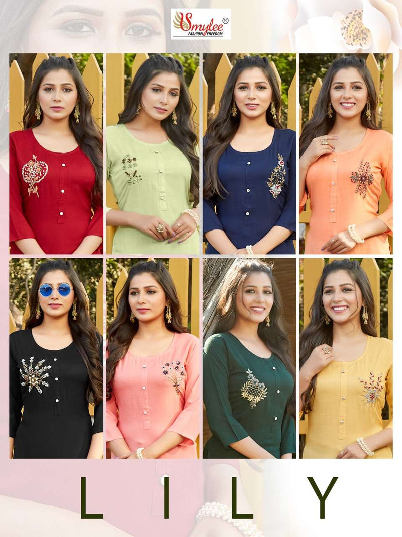 Smylee Fashion Lily Rayon Slub Embroidered Festive Wear Fancy Kurtis