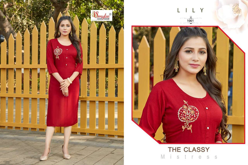 Smylee Fashion Lily Rayon Slub Embroidered Festive Wear Fancy Kurtis