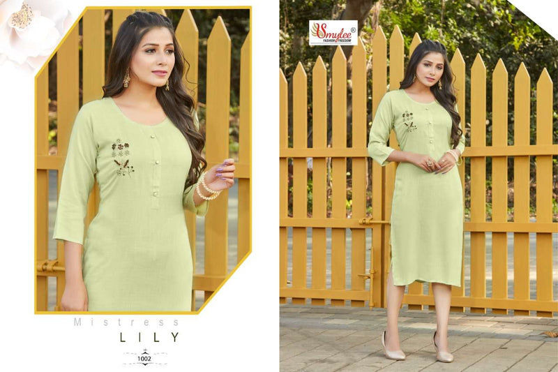 Smylee Fashion Lily Rayon Slub Embroidered Festive Wear Fancy Kurtis