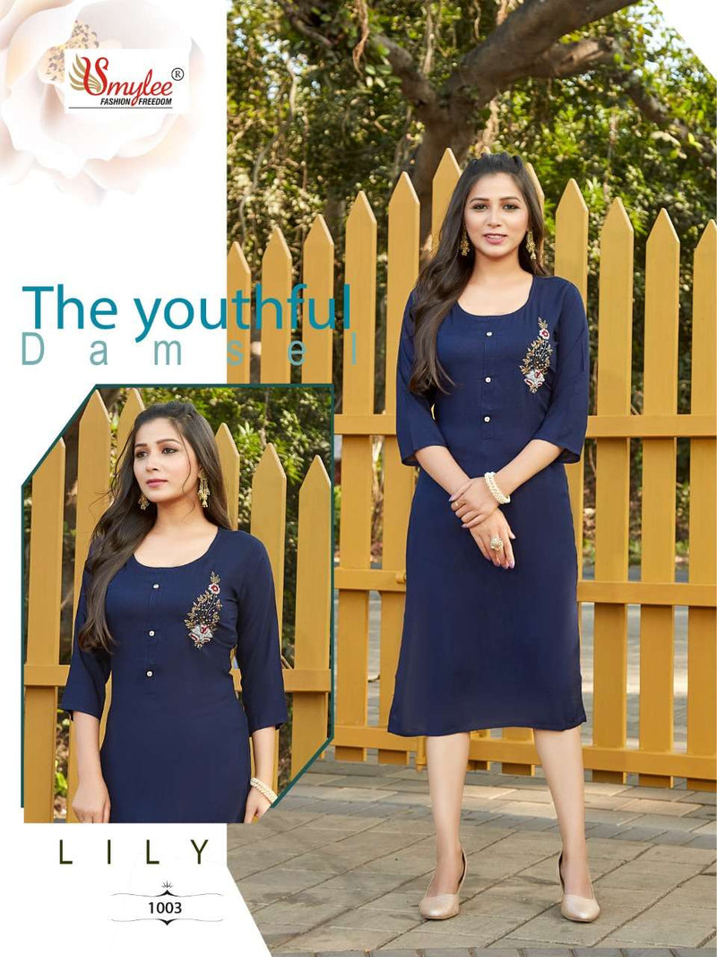 Smylee Fashion Lily Rayon Slub Embroidered Festive Wear Fancy Kurtis