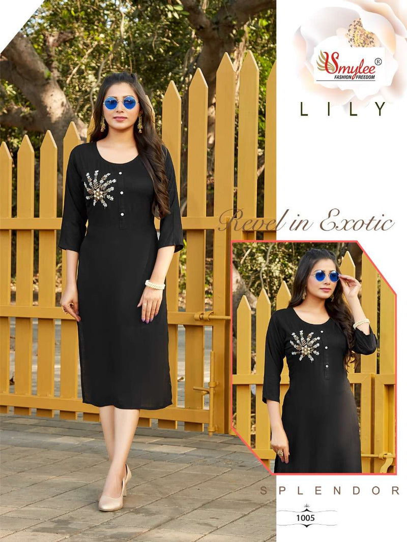 Smylee Fashion Lily Rayon Slub Embroidered Festive Wear Fancy Kurtis