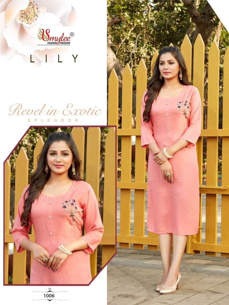 Smylee Fashion Lily Rayon Slub Embroidered Festive Wear Fancy Kurtis