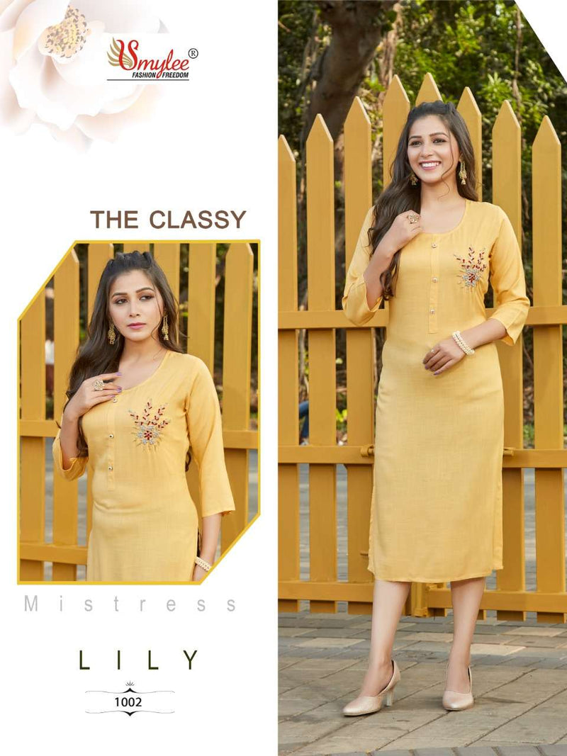 Smylee Fashion Lily Rayon Slub Embroidered Festive Wear Fancy Kurtis