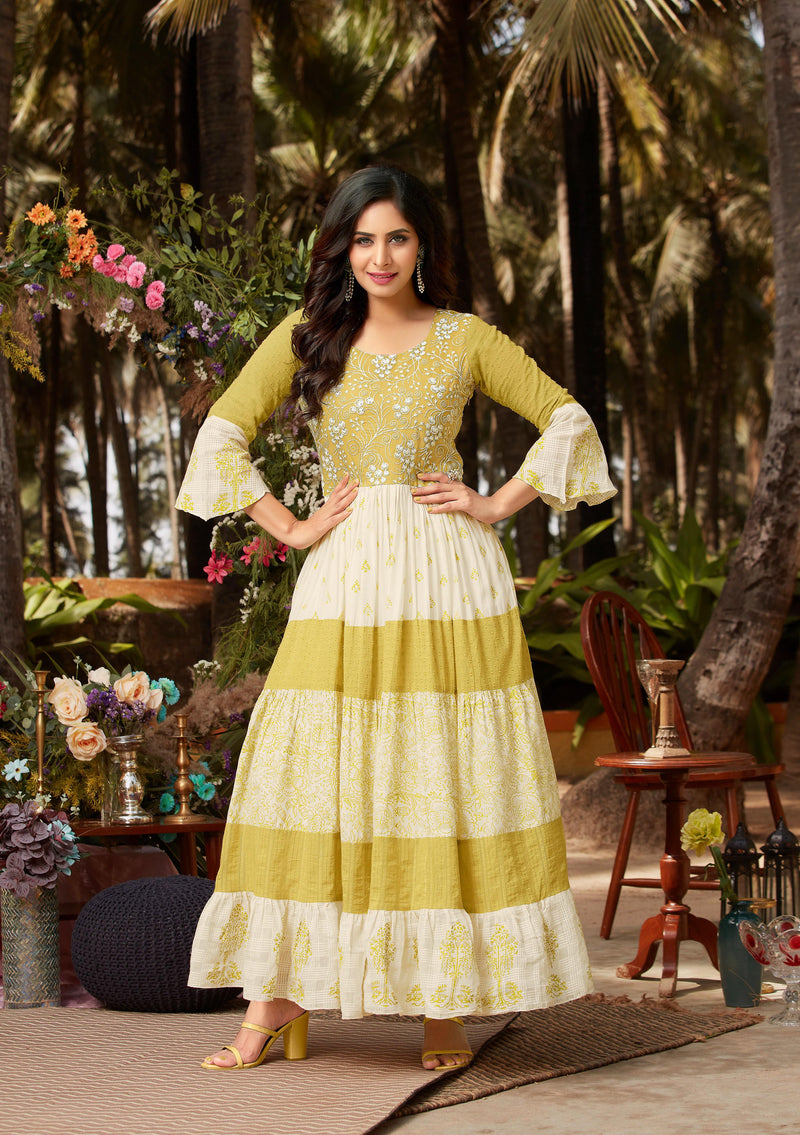 Anju Fabrics Lime Light Mal Cotton Fancy Stylish Long Gown Type Party Wear Kurtis