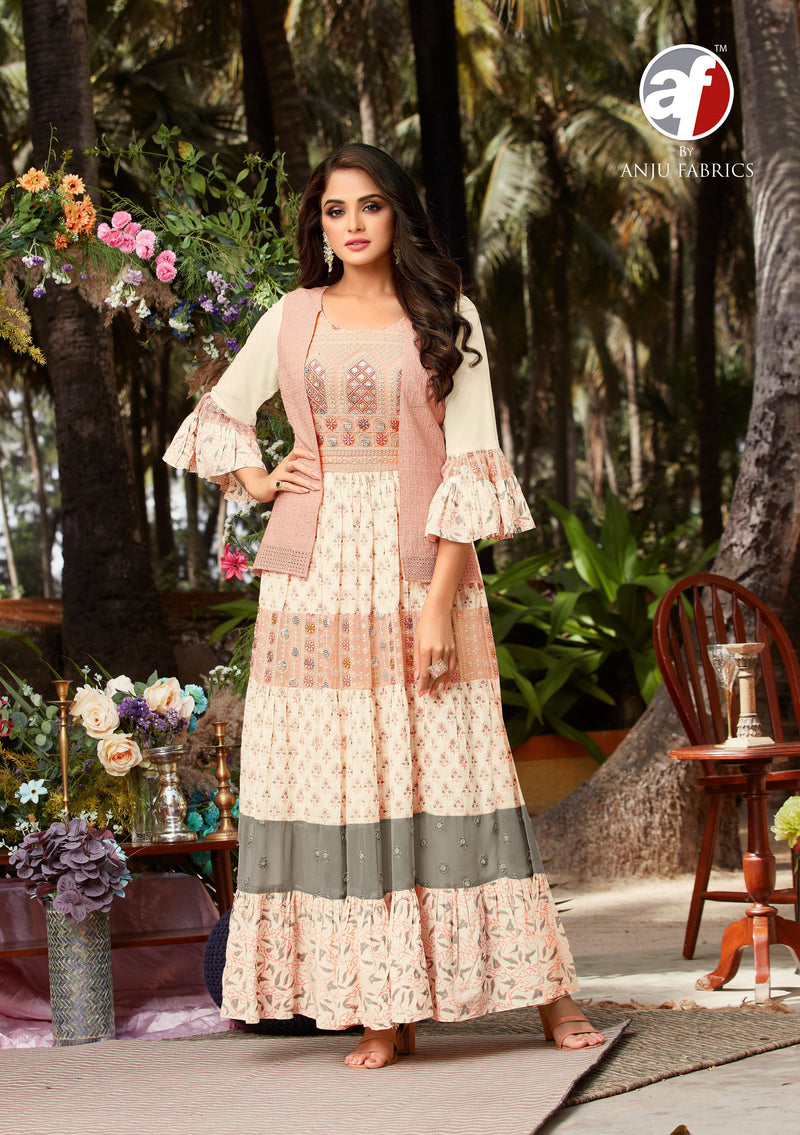 Anju Fabrics Lime Light Mal Cotton Fancy Stylish Long Gown Type Party Wear Kurtis