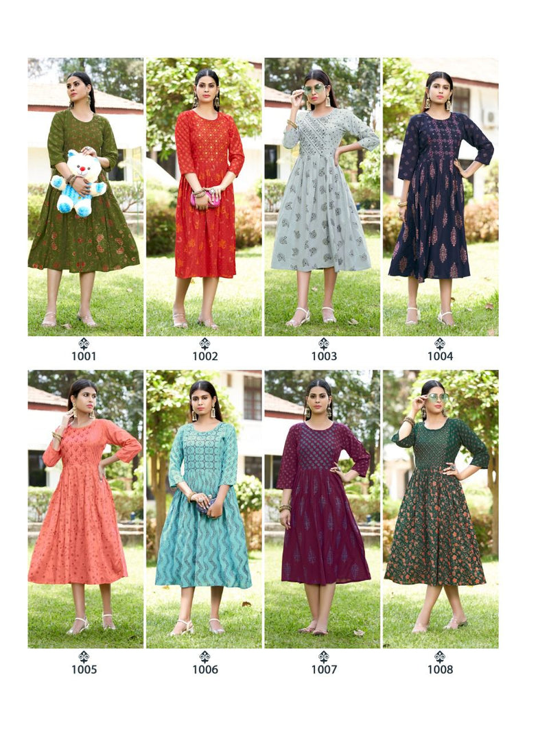 MF Lipika Vol 7 Rayon Thread Work Fancy Frock Style Party Wear Kurtis