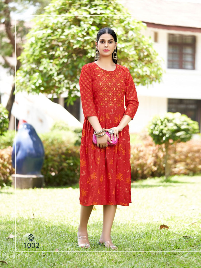 MF Lipika Vol 7 Rayon Thread Work Fancy Frock Style Party Wear Kurtis