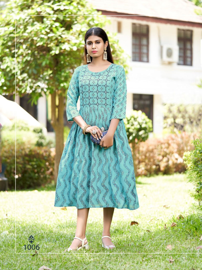 MF Lipika Vol 7 Rayon Thread Work Fancy Frock Style Party Wear Kurtis
