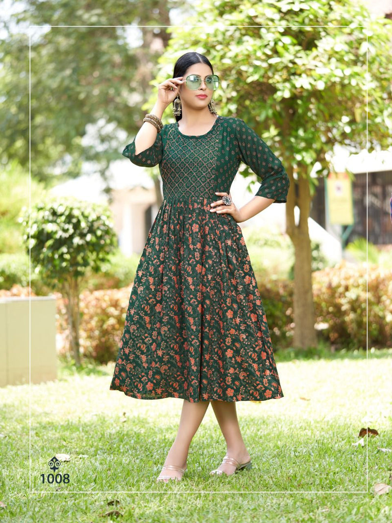 MF Lipika Vol 7 Rayon Thread Work Fancy Frock Style Party Wear Kurtis