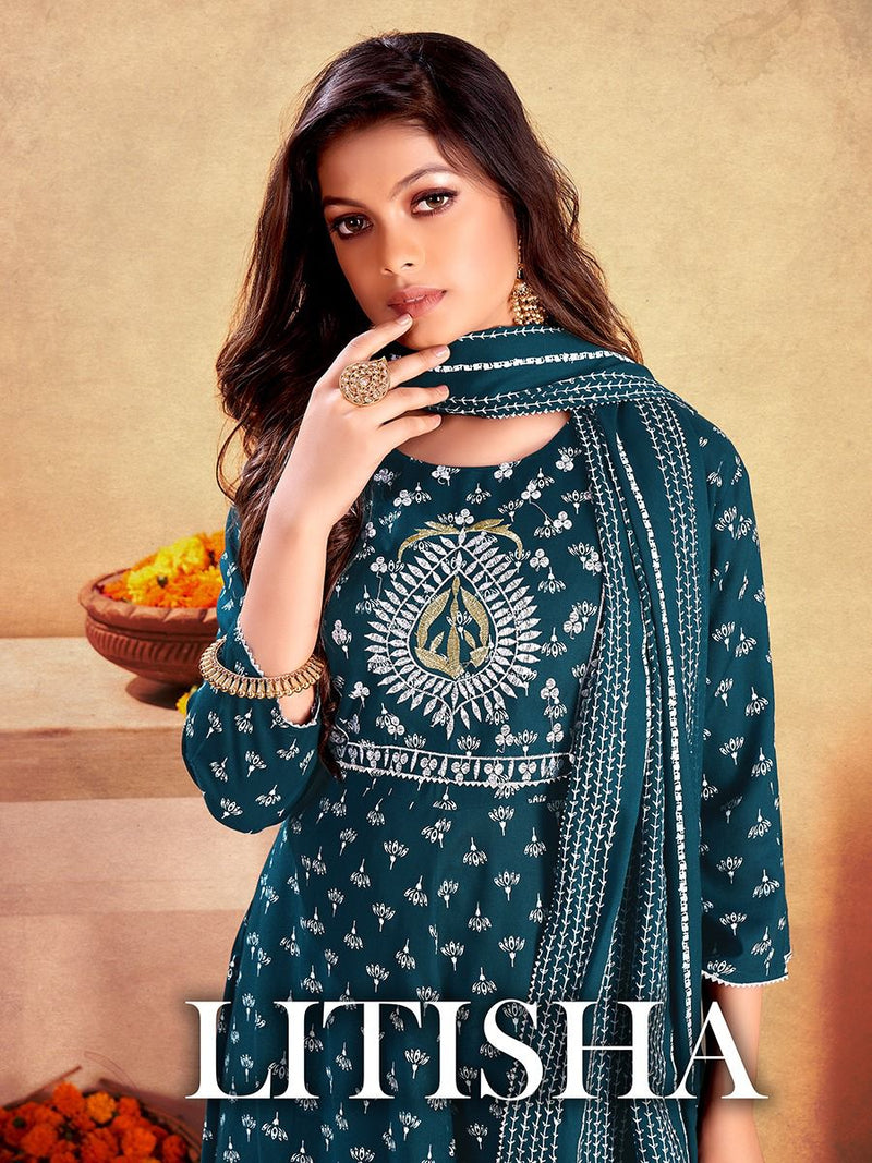 Banwerry Fashion Litisha Rayon Foil Printed Designer Party Wear Kurtis With Bottom & Dupatta