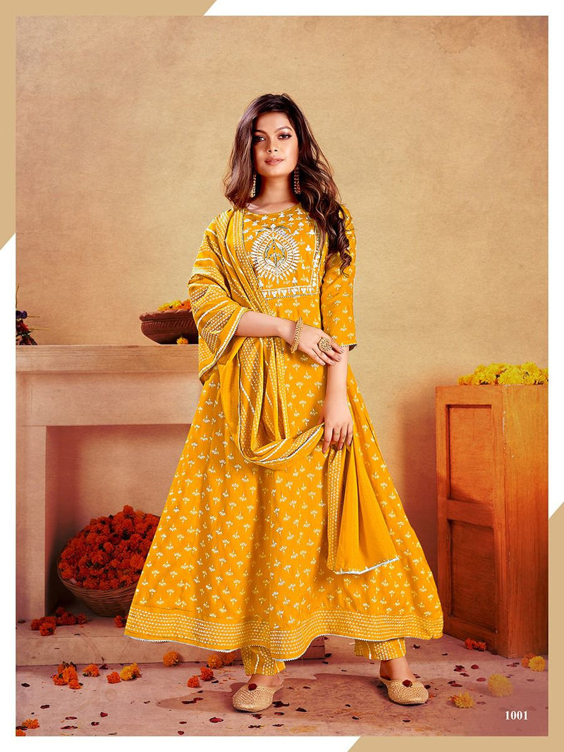 Banwerry Fashion Litisha Rayon Foil Printed Designer Party Wear Kurtis With Bottom & Dupatta
