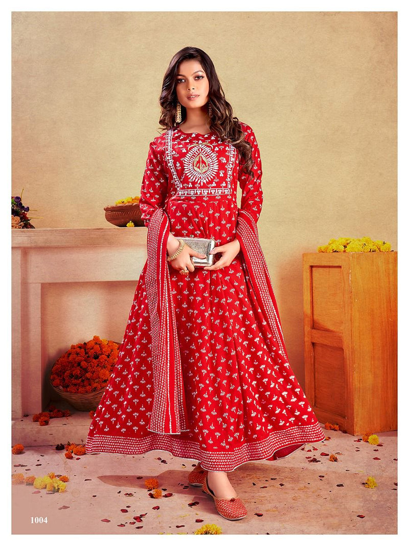 Banwerry Fashion Litisha Rayon Foil Printed Designer Party Wear Kurtis With Bottom & Dupatta