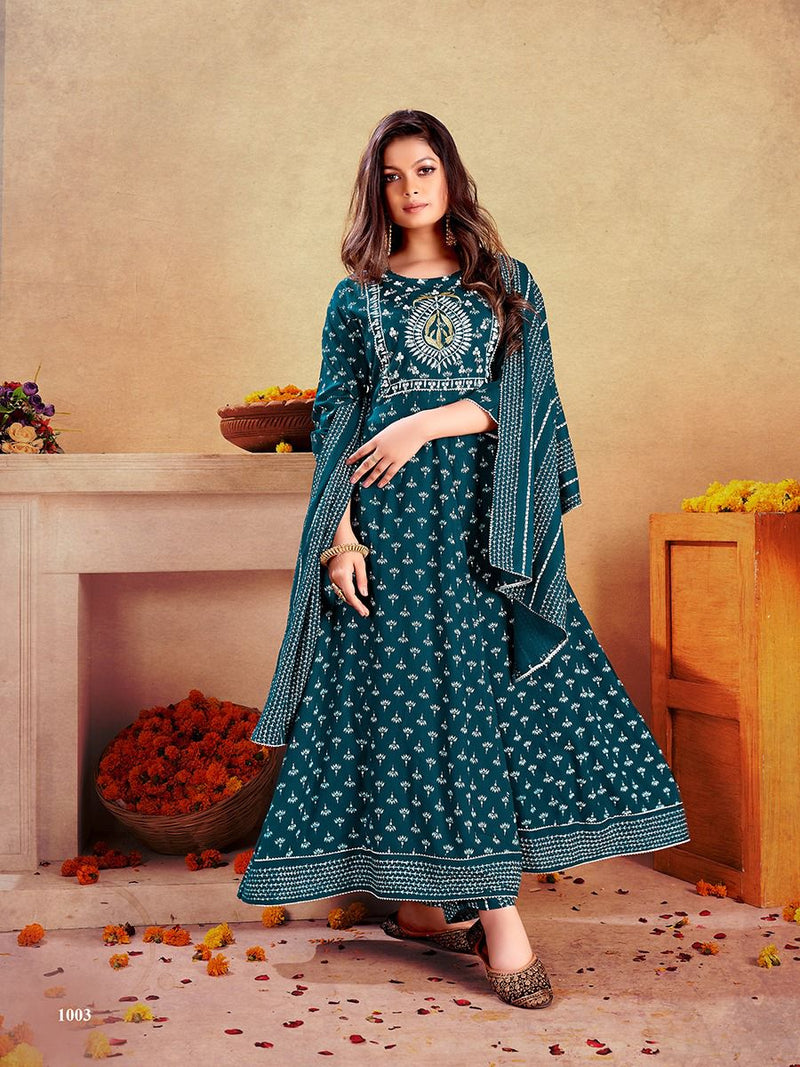 Banwerry Fashion Litisha Rayon Foil Printed Designer Party Wear Kurtis With Bottom & Dupatta