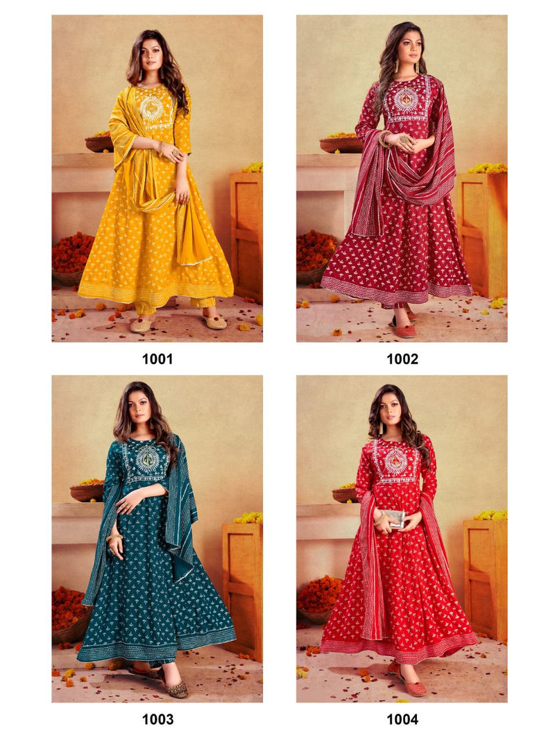 Banwerry Fashion Litisha Rayon Foil Printed Designer Party Wear Kurtis With Bottom & Dupatta