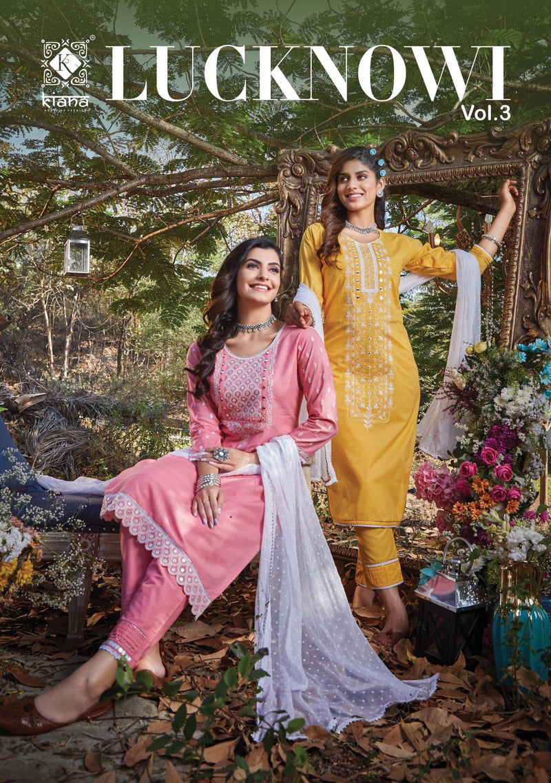 Kiana House Of Fashion Lucknowi Vol 3 Cotton Designer Party Wear Kurtis With Bottom & Dupatta