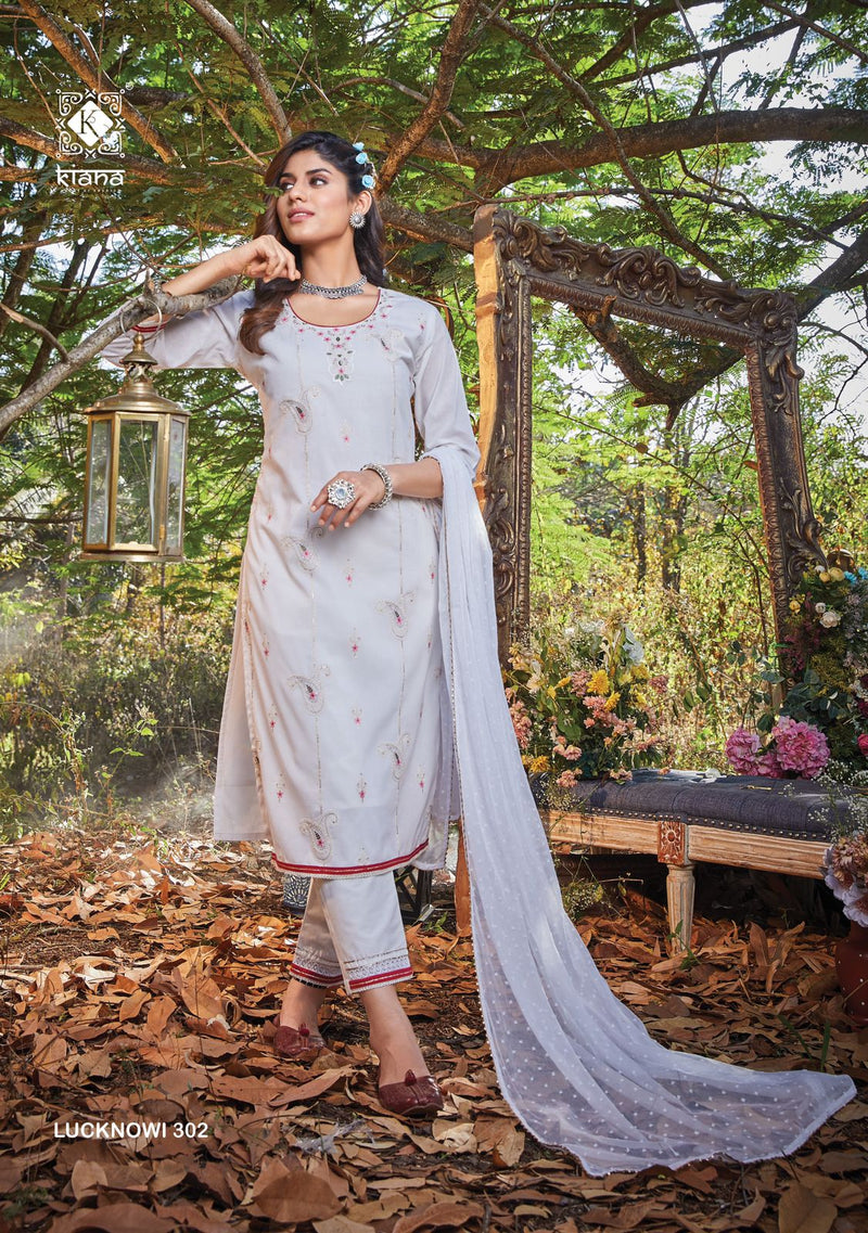 Kiana House Of Fashion Lucknowi Vol 3 Cotton Designer Party Wear Kurtis With Bottom & Dupatta