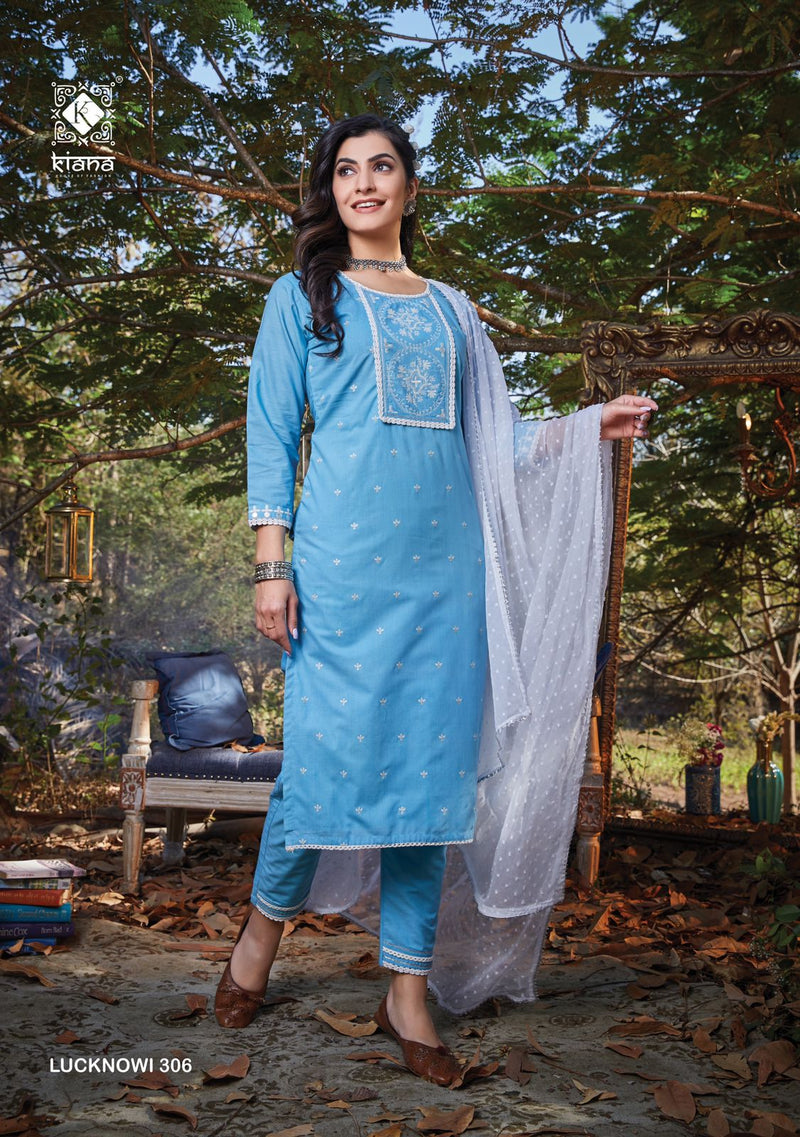 Kiana House Of Fashion Lucknowi Vol 3 Cotton Designer Party Wear Kurtis With Bottom & Dupatta