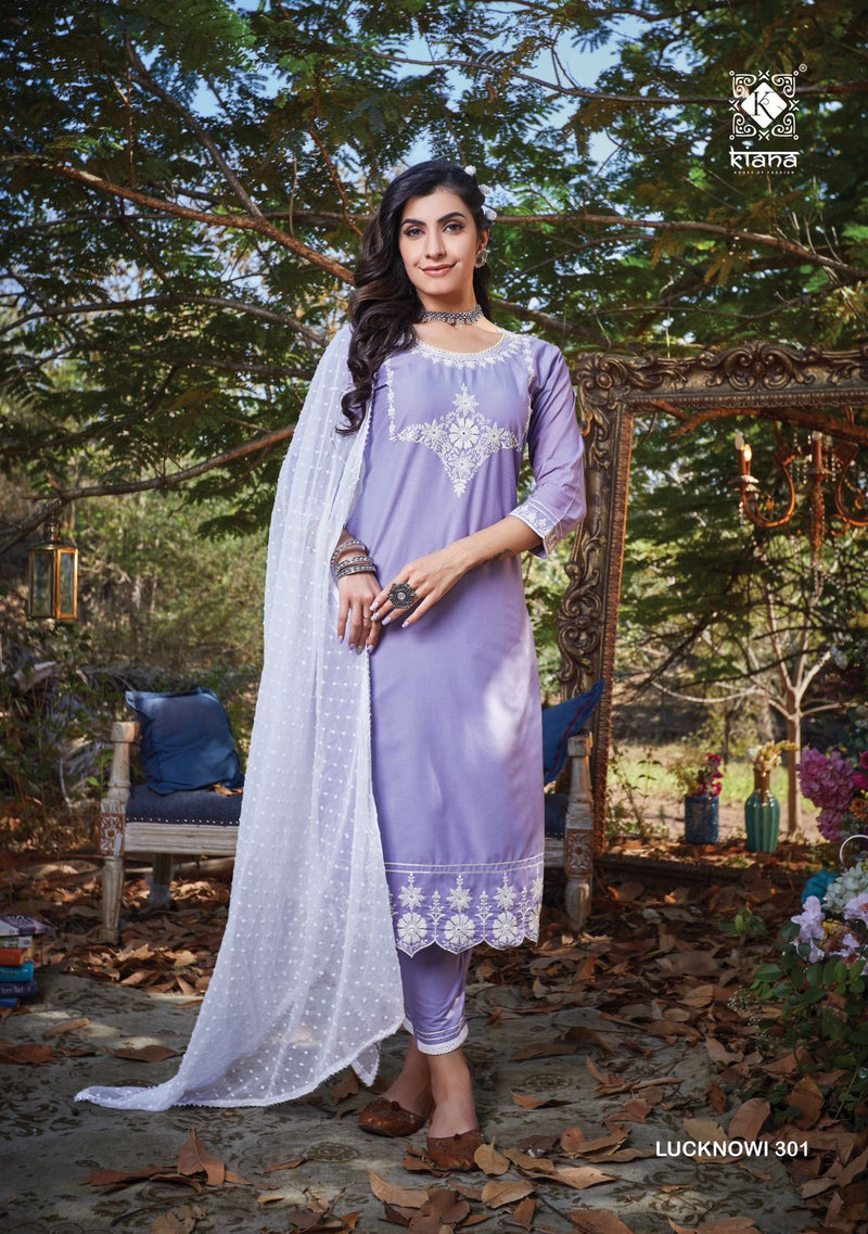 Kiana House Of Fashion Lucknowi Vol 3 Cotton Designer Party Wear Kurtis With Bottom & Dupatta