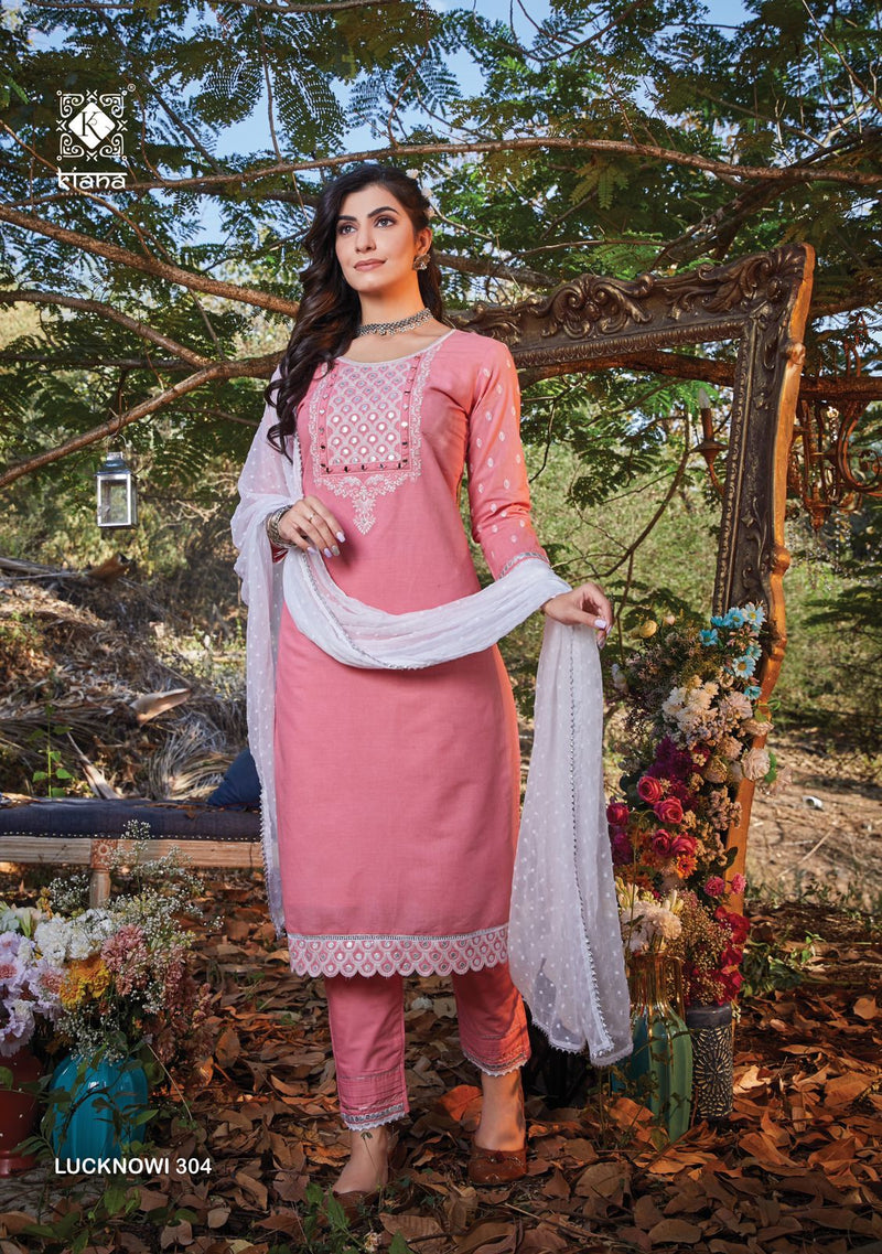 Kiana House Of Fashion Lucknowi Vol 3 Cotton Designer Party Wear Kurtis With Bottom & Dupatta