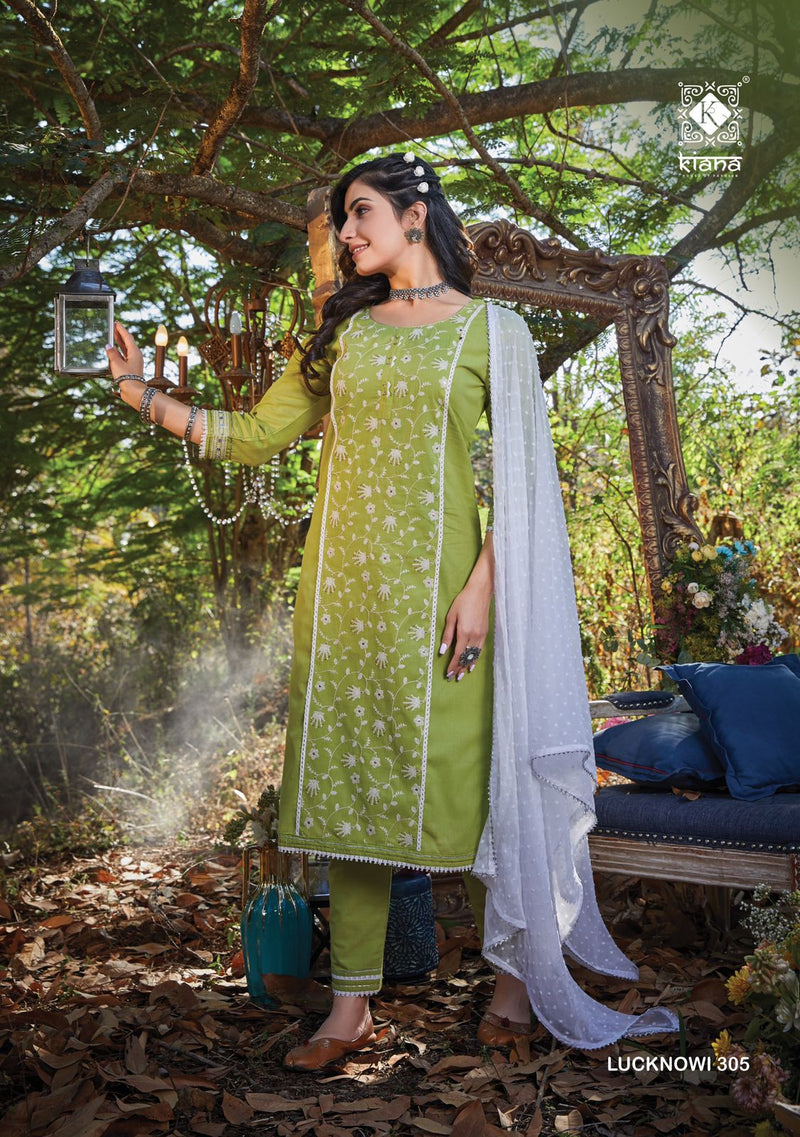 Kiana House Of Fashion Lucknowi Vol 3 Cotton Designer Party Wear Kurtis With Bottom & Dupatta