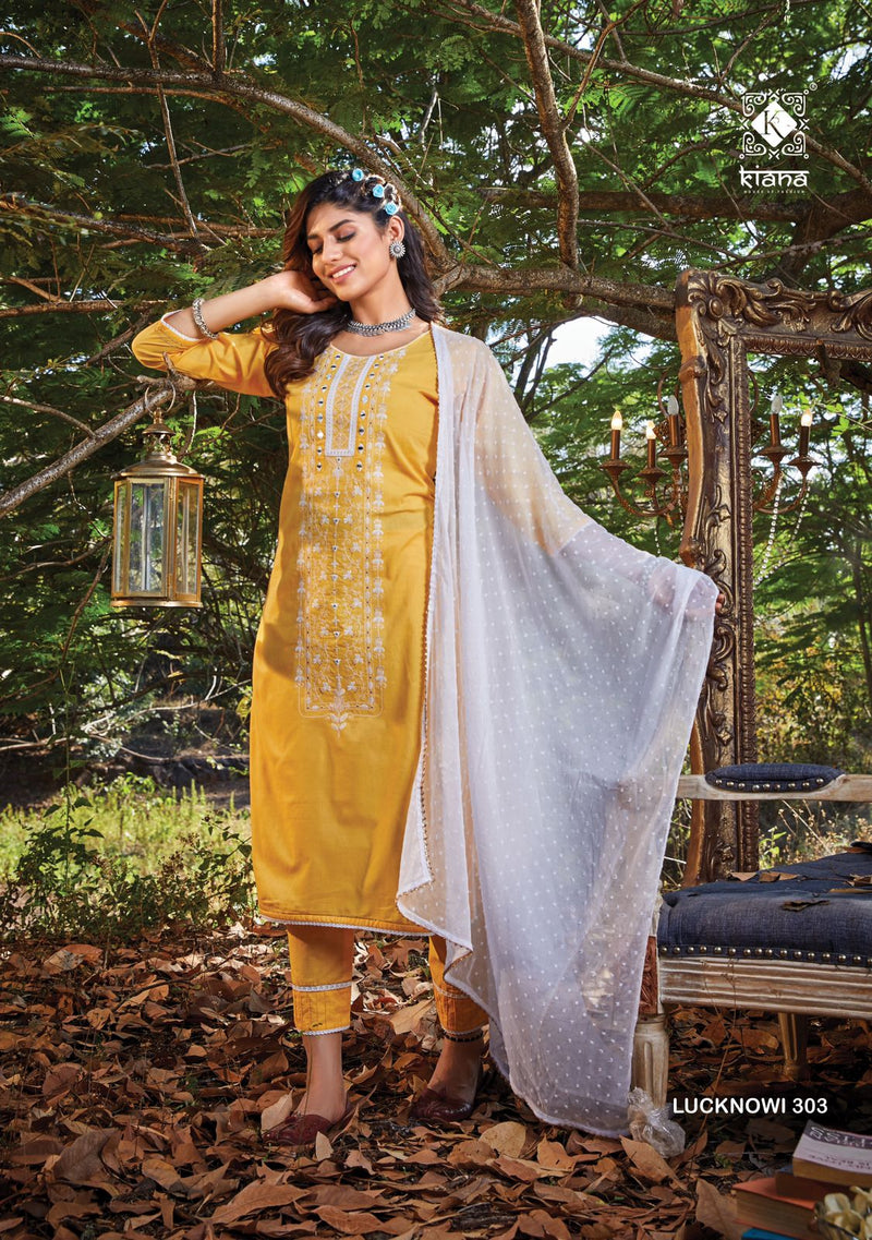 Kiana House Of Fashion Lucknowi Vol 3 Cotton Designer Party Wear Kurtis With Bottom & Dupatta