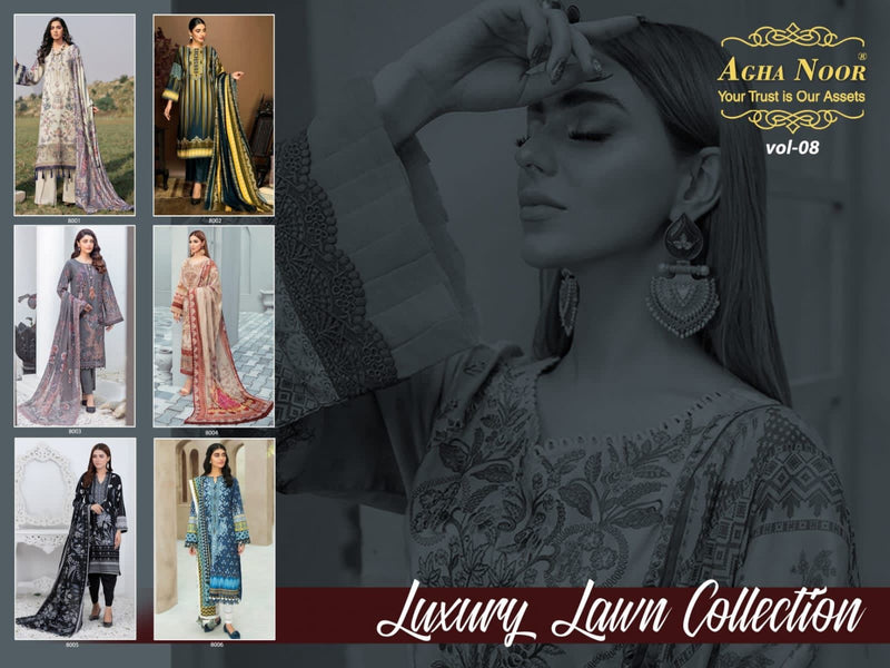 Agha Noor Luxury Lawn Collection Vol 8 Pure Cotton With Beautiful Work Stylish Designer Salwar Kameez