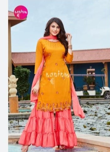La Pink Simran Georgette Chinon And Dola Silk Fancy Kurti