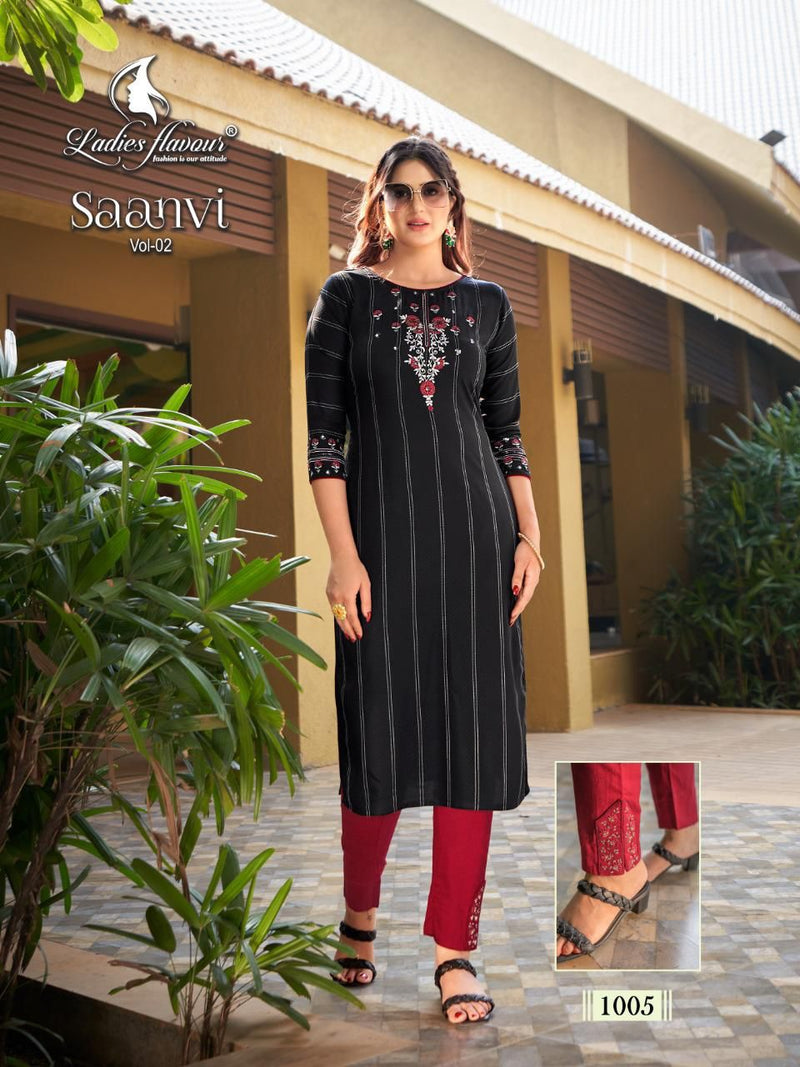 Ladies Flavour Saanvi Vol 2 Heavy Rayon Weaving Embroidery Work Kurtis