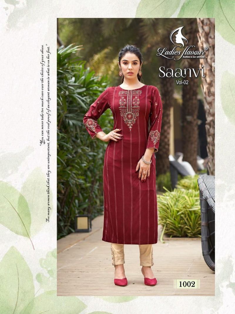 Ladies Flavour Saanvi Vol 2 Heavy Rayon Weaving Embroidery Work Kurtis