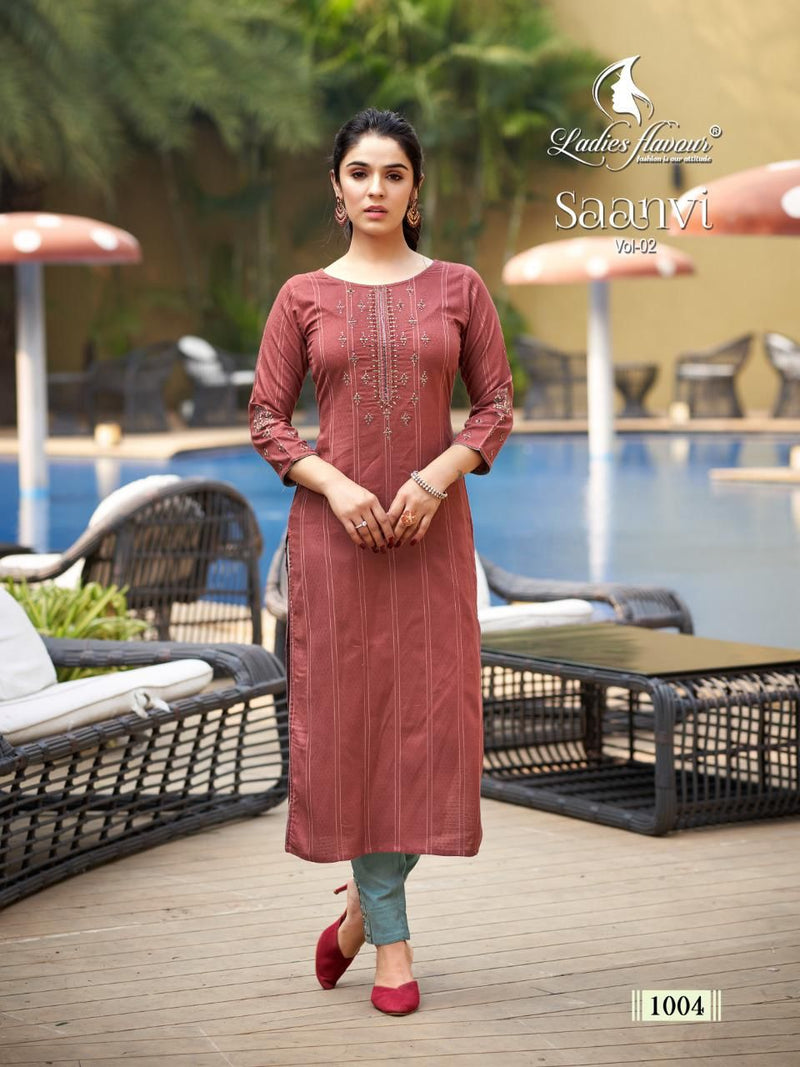 Ladies Flavour Saanvi Vol 2 Heavy Rayon Weaving Embroidery Work Kurtis