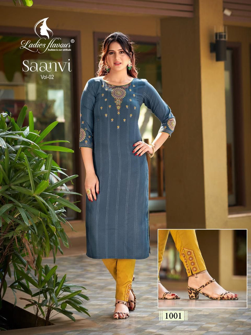 Ladies Flavour Saanvi Vol 2 Heavy Rayon Weaving Embroidery Work Kurtis