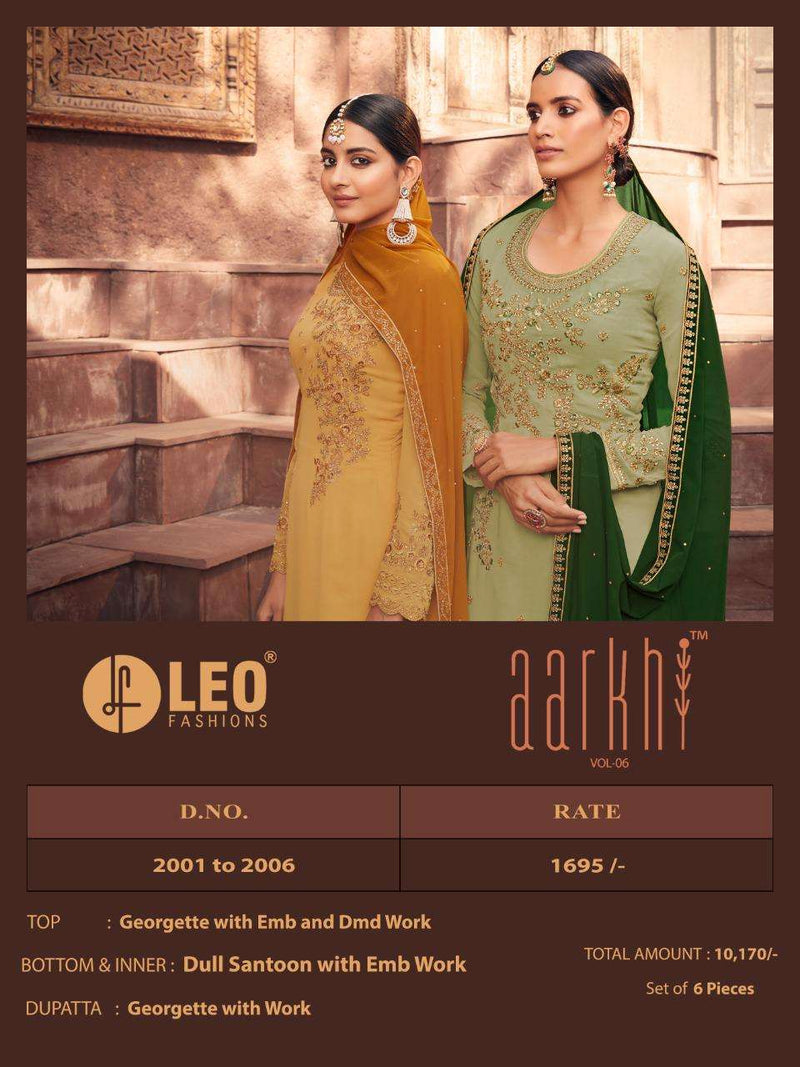Leo Fashion Launch By Aarkha Vol 6 Georgette With Fancy Embroidery Work Exclusive Casual Wear Salwar Suits