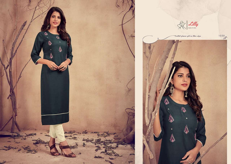Lily Somya Heavy Rayon Slub With Embroidery Work Kurti Wear