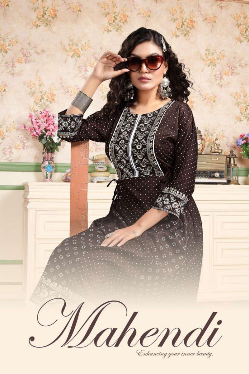 Golden Mahendi Vol 1 Rayon Foil Printed Party Wear Kurtis