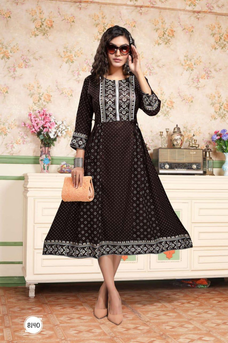 Golden Mahendi Vol 1 Rayon Foil Printed Party Wear Kurtis