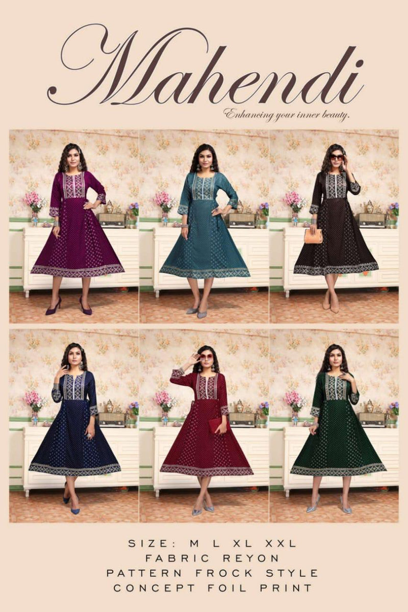 Golden Mahendi Vol 1 Rayon Foil Printed Party Wear Kurtis