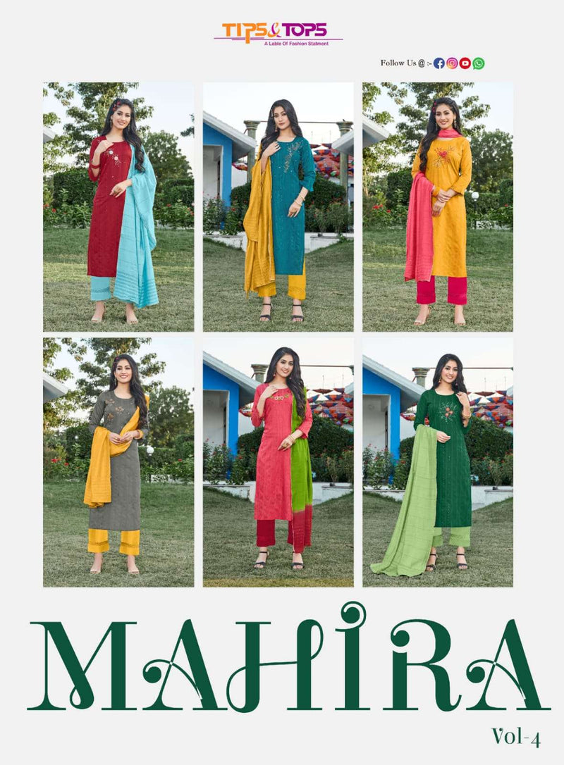Tips & Tops Mahira Vol 4 Viscose Chanderi Fancy Stylish Festive Wear Kurtis With Beautiful Embroidery Work