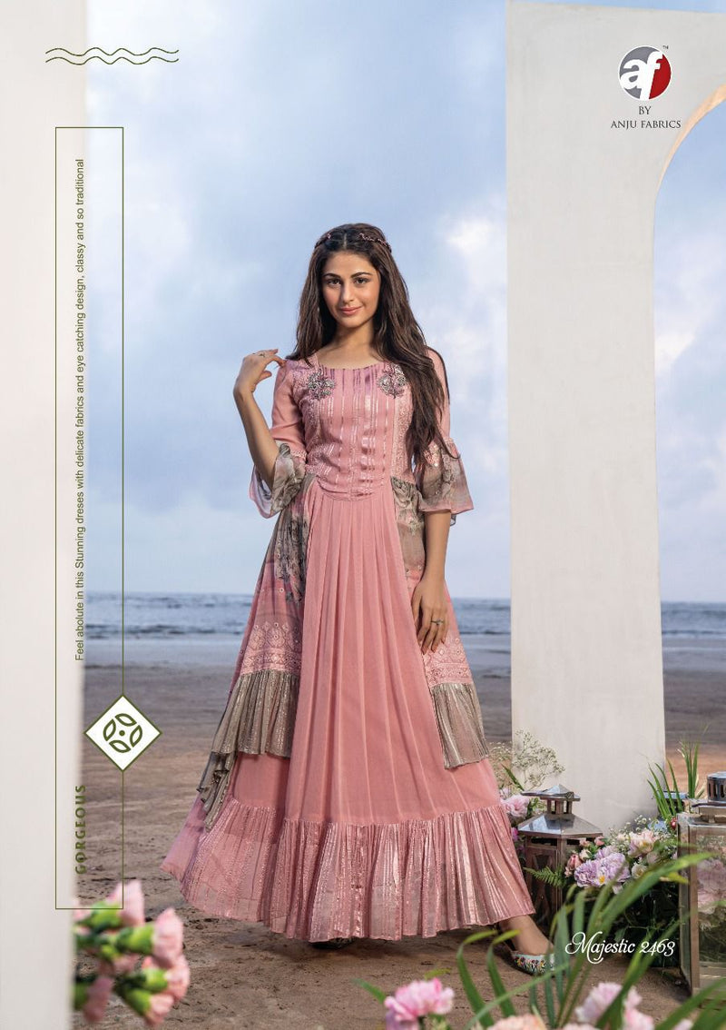 Anju Fabrics Majestic Georgette With Heavy Embroidery Stylish Designer Party wear Long Kurti