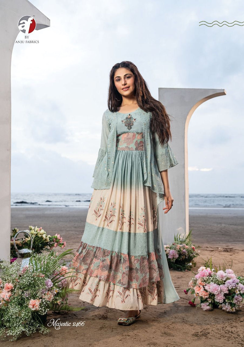Anju Fabrics Majestic Georgette With Heavy Embroidery Stylish Designer Party wear Long Kurti