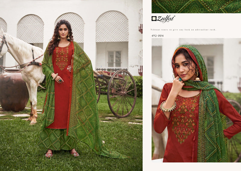 Zulfat Designer Suits Mandakini Pure Heavy Jam Cotton Heavy Embroidery Work Fancy Designer Salwar Suit