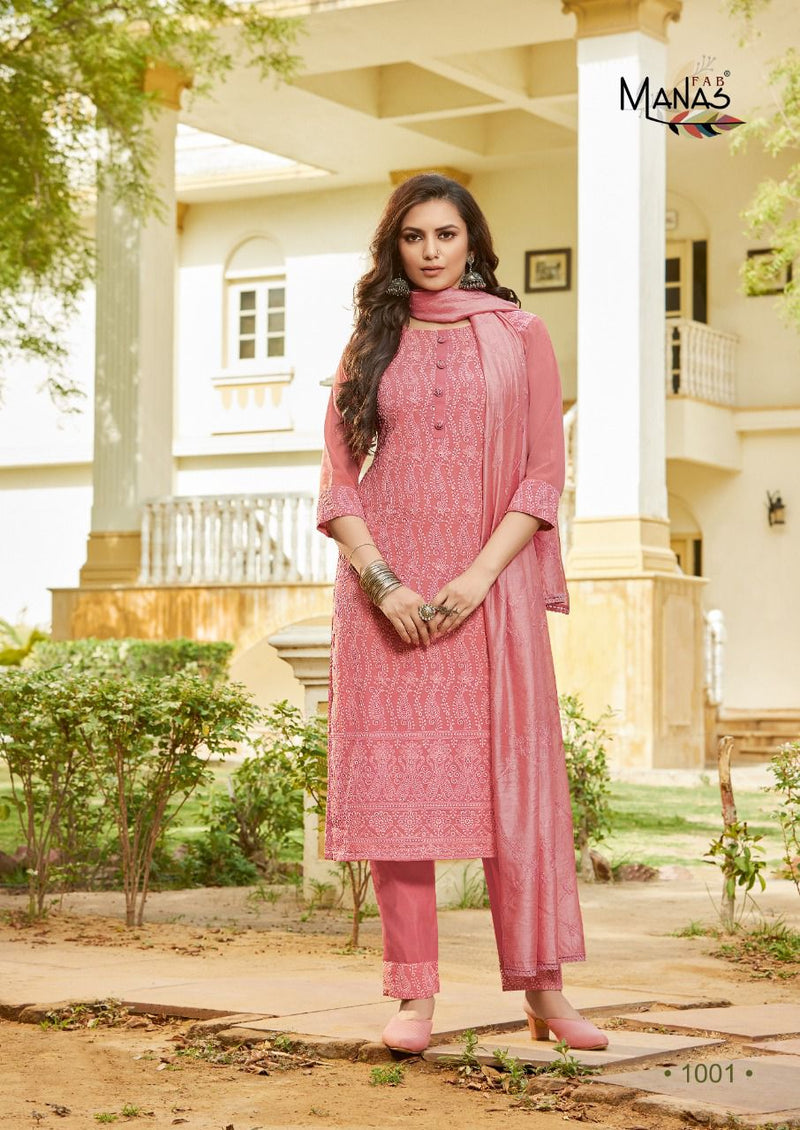 Manas Fab Mango Schiffli Georgette Fancy Designer Party Wear Kurtis With Bottom & Dupatta